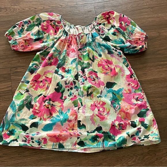 H&M PUFF-SLEEVED TIE-DETAIL FLORAL DRESS White Pink Green Blue Small - Picture 10 of 13